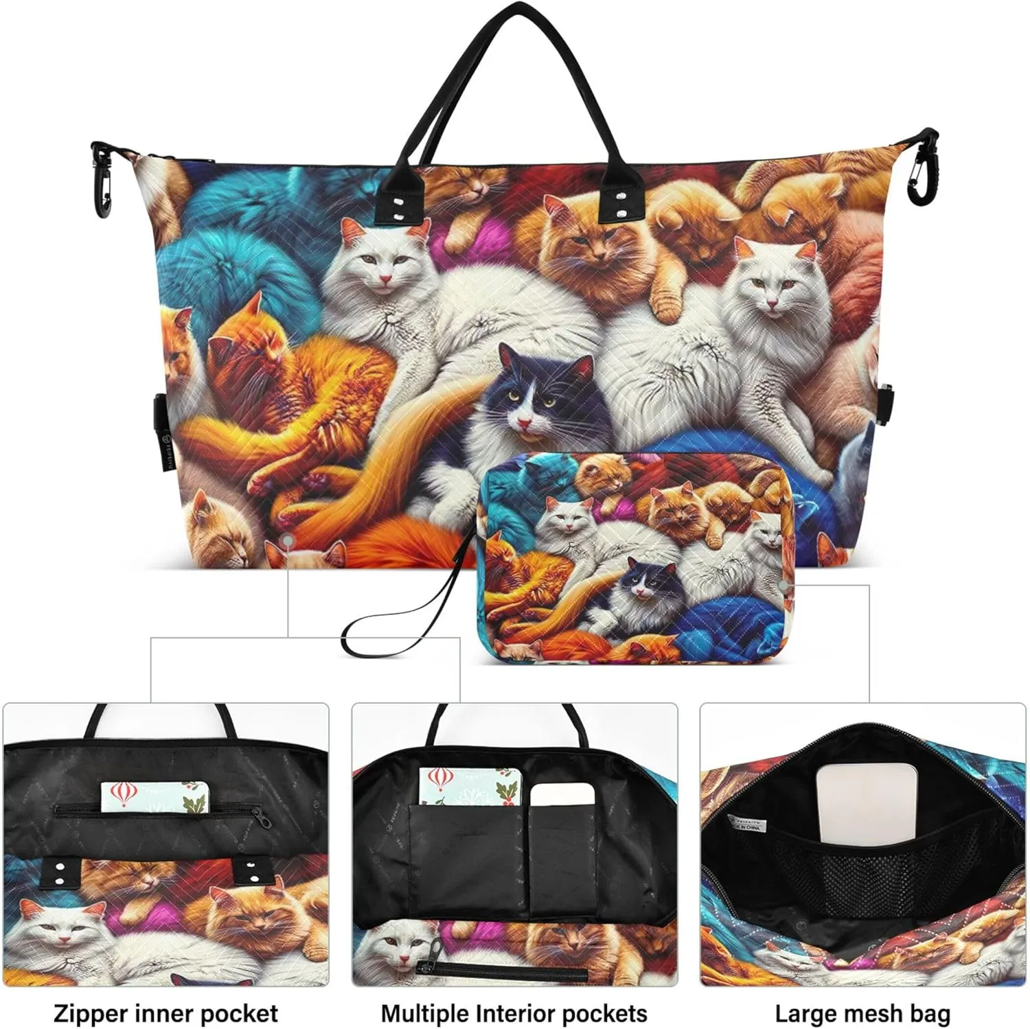 Neon Cats Colorful Travel Duffel Bags Make up Bags Set of 2, Print Women Gym Bags Tote Weekender Travel Bag