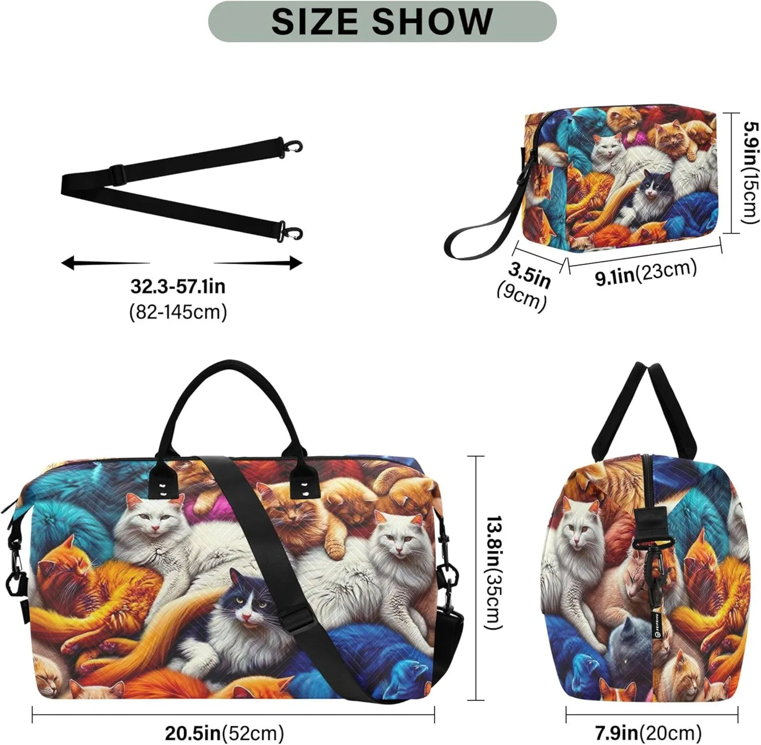 Neon Cats Colorful Travel Duffel Bags Make up Bags Set of 2, Print Women Gym Bags Tote Weekender Travel Bag