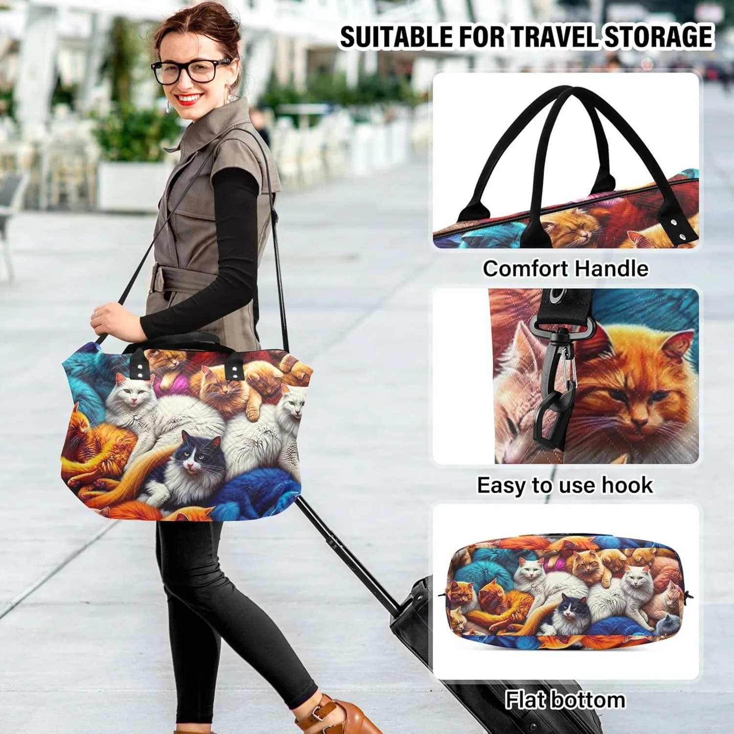 Neon Cats Colorful Travel Duffel Bags Make up Bags Set of 2, Print Women Gym Bags Tote Weekender Travel Bag