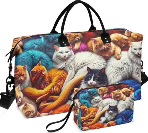 Neon Cats Colorful Travel Duffel Bags Make up Bags Set of 2, Print Women Gym Bags Tote Weekender Travel Bag