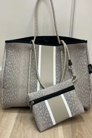 neoprene tote light fawn print w/ black inside lining