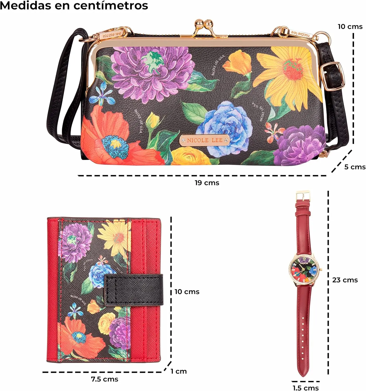 NICOLE LEE 3 Pieces Accessories Gift Value Set (Wallet Crossbody, Small Card Case, Diamond Fashion Watch)