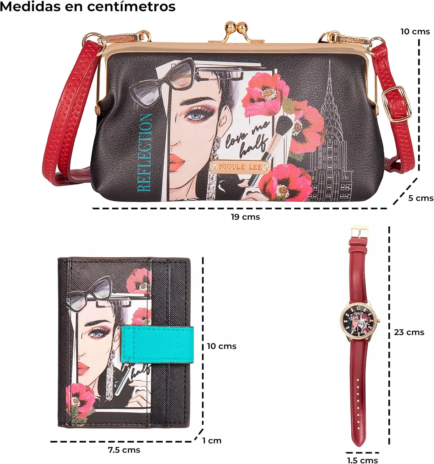 NICOLE LEE 3 Pieces Accessories Gift Value Set (Wallet Crossbody, Small Card Case, Diamond Fashion Watch)