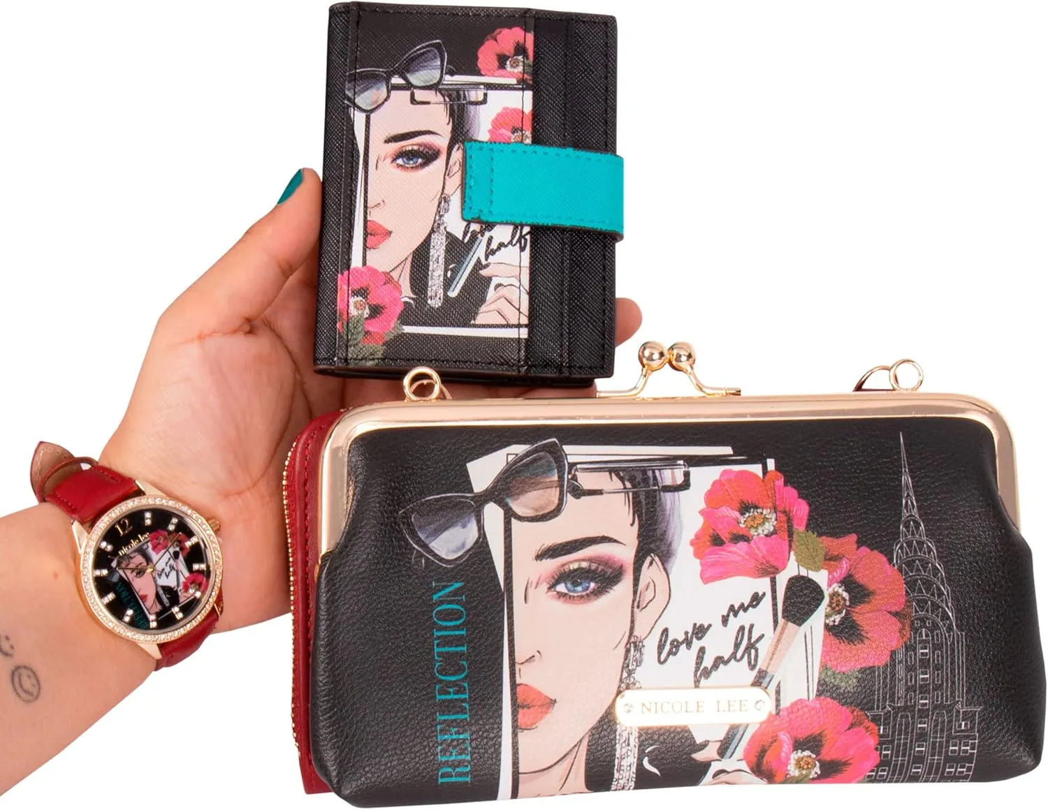 NICOLE LEE 3 Pieces Accessories Gift Value Set (Wallet Crossbody, Small Card Case, Diamond Fashion Watch)