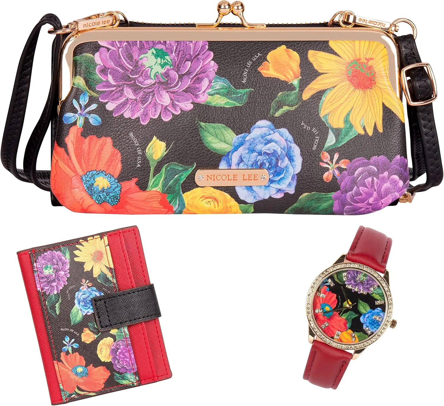 NICOLE LEE 3 Pieces Accessories Gift Value Set (Wallet Crossbody, Small Card Case, Diamond Fashion Watch)