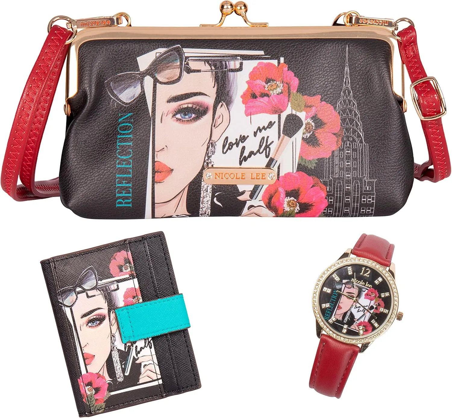 NICOLE LEE 3 Pieces Accessories Gift Value Set (Wallet Crossbody, Small Card Case, Diamond Fashion Watch)
