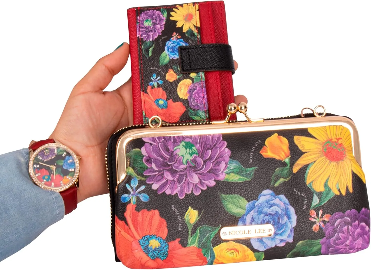 NICOLE LEE 3 Pieces Accessories Gift Value Set (Wallet Crossbody, Small Card Case, Diamond Fashion Watch)