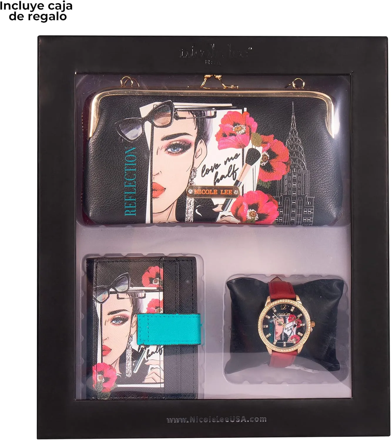 NICOLE LEE 3 Pieces Accessories Gift Value Set (Wallet Crossbody, Small Card Case, Diamond Fashion Watch)
