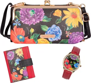 NICOLE LEE 3 Pieces Accessories Gift Value Set (Wallet Crossbody, Small Card Case, Diamond Fashion Watch)