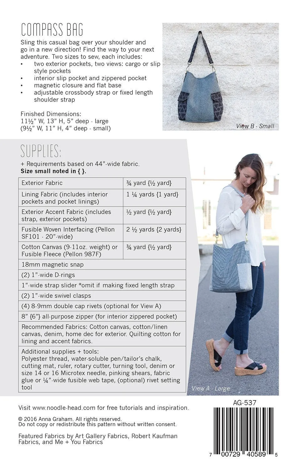 Noodlehead Compass Bag Pattern- Crossbody Bag in 2 Sizes