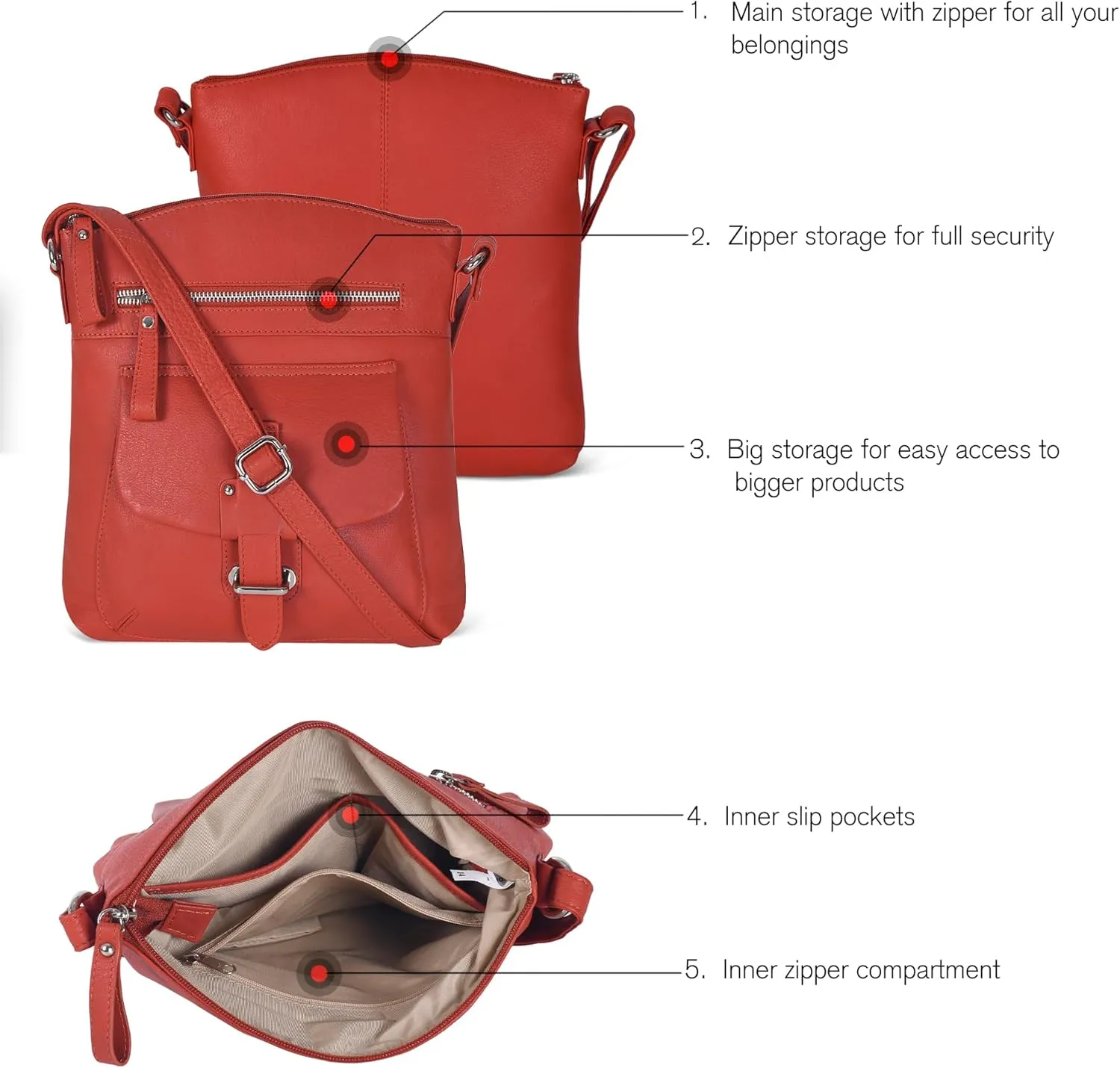 Oak Leathers Leather Crossbody Bag For Women With Adjustable Sling Strap - Medium Size Crossover Shoulder Handbag Purse