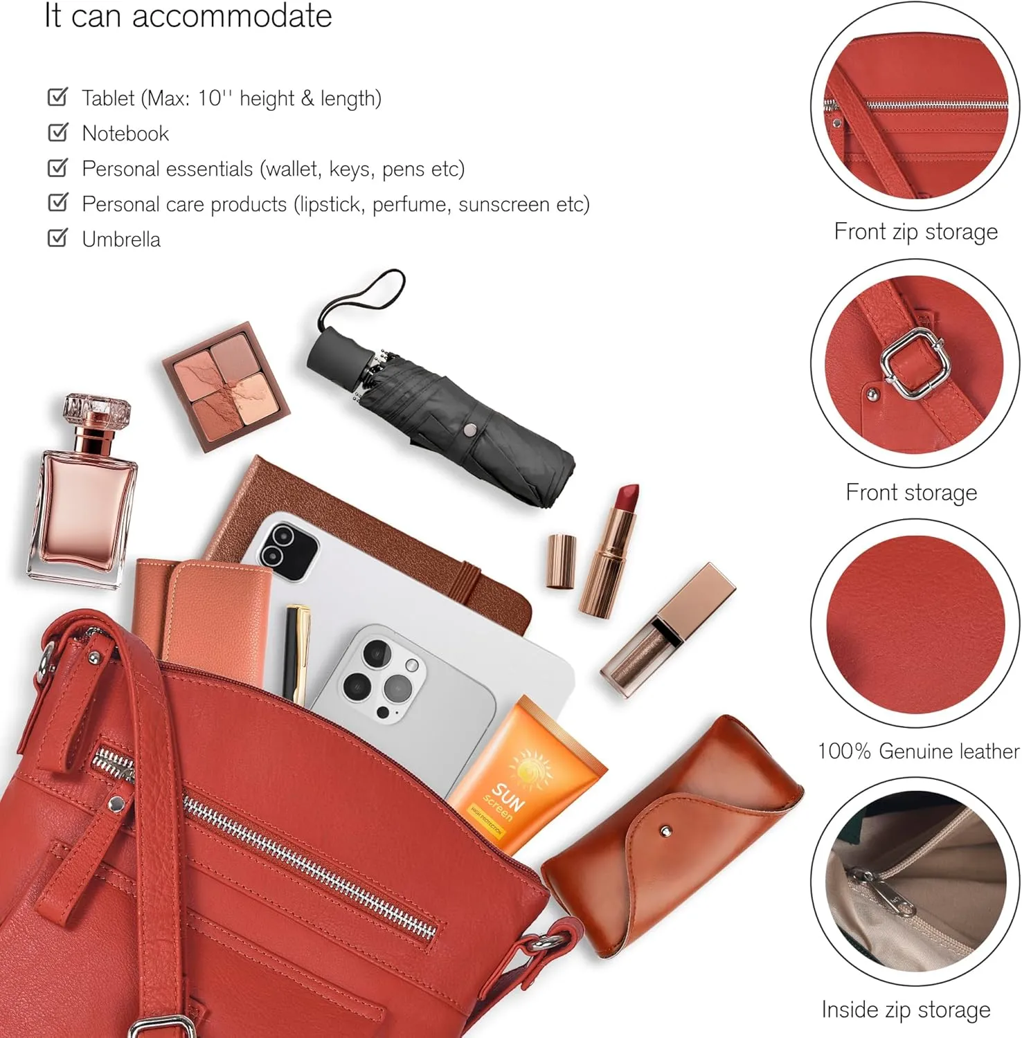 Oak Leathers Leather Crossbody Bag For Women With Adjustable Sling Strap - Medium Size Crossover Shoulder Handbag Purse