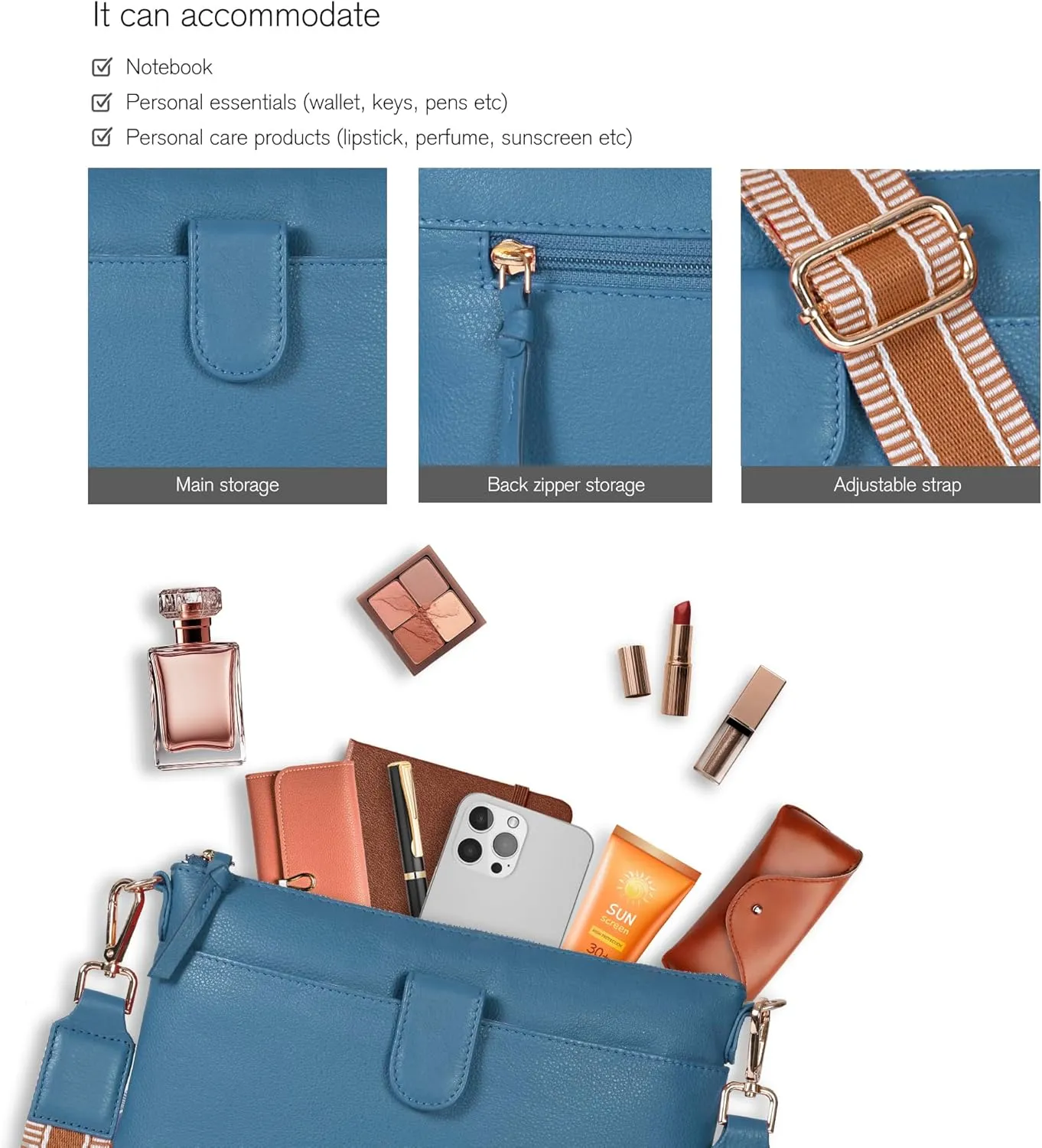 Oak Leathers Small Crossbody Bag For Women With Adjustable, Wide Strap - Real Leather Crossover Shoulder Purse