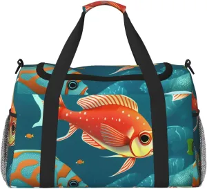 Ocean Underwater Fish Print Travel Hand Travel Bag Weekender Overnight Carry On Tote Foldable Crossbody Bag