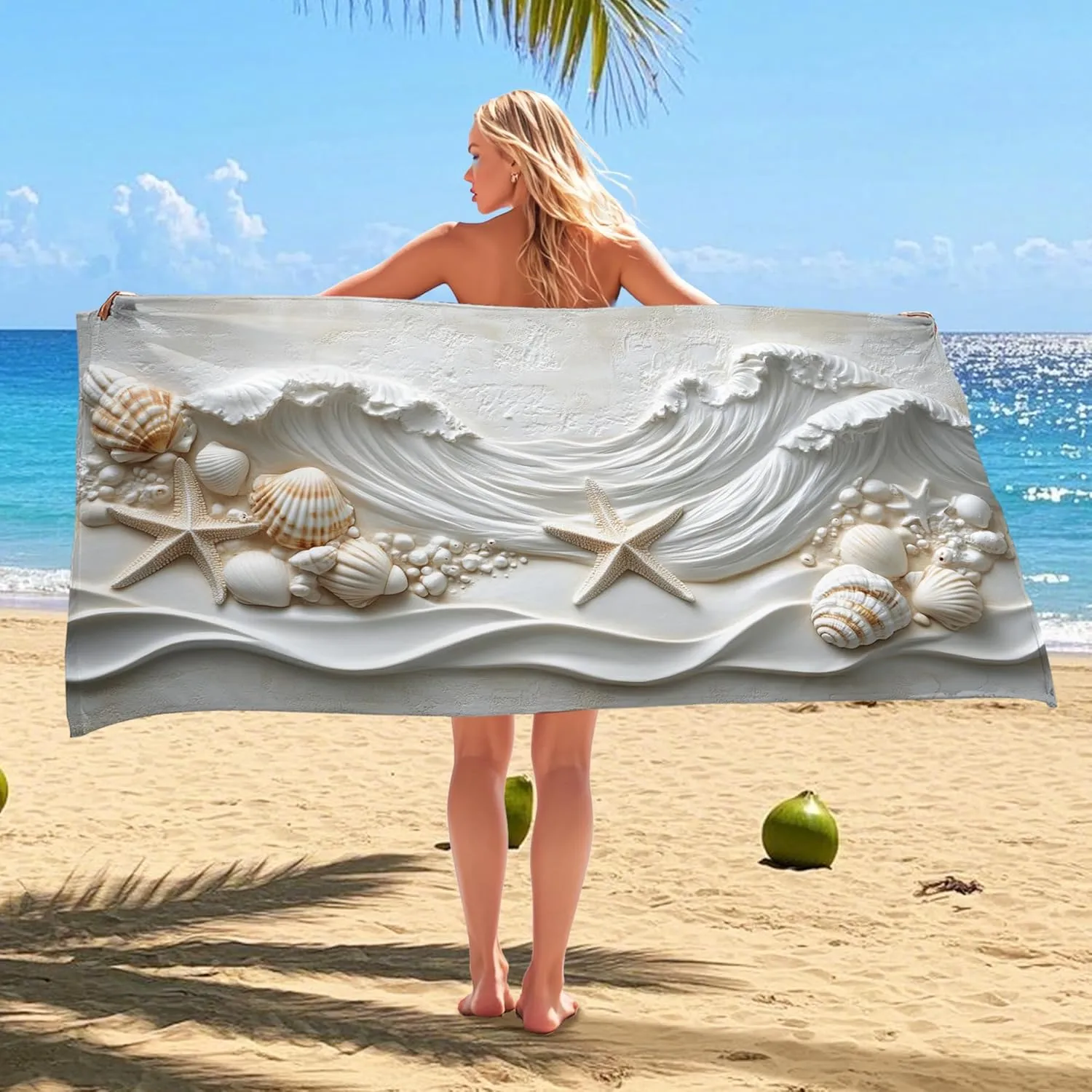 Ocean Wave Seashell Microfiber Beach Towel White Coastal Design Quick Dry Absorbent Sand Free Lightweight Travel Blanket, Pool Picnic Essentials 62x31 Inch