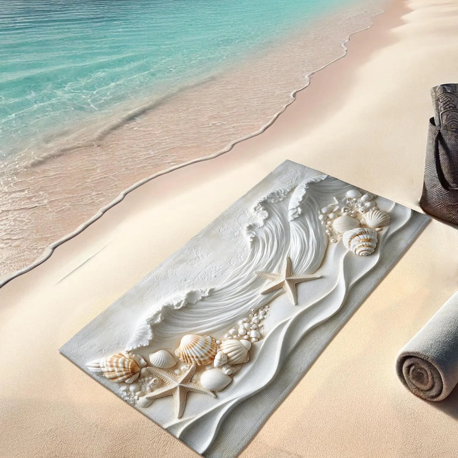 Ocean Wave Seashell Microfiber Beach Towel White Coastal Design Quick Dry Absorbent Sand Free Lightweight Travel Blanket, Pool Picnic Essentials 62x31 Inch