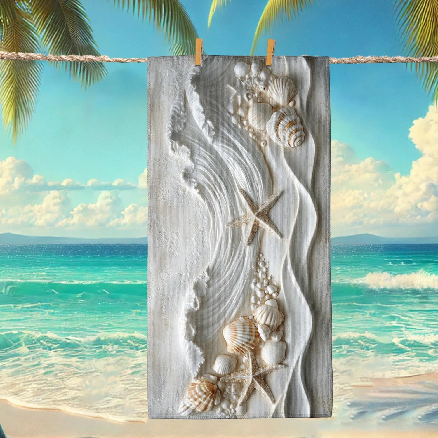 Ocean Wave Seashell Microfiber Beach Towel White Coastal Design Quick Dry Absorbent Sand Free Lightweight Travel Blanket, Pool Picnic Essentials 62x31 Inch