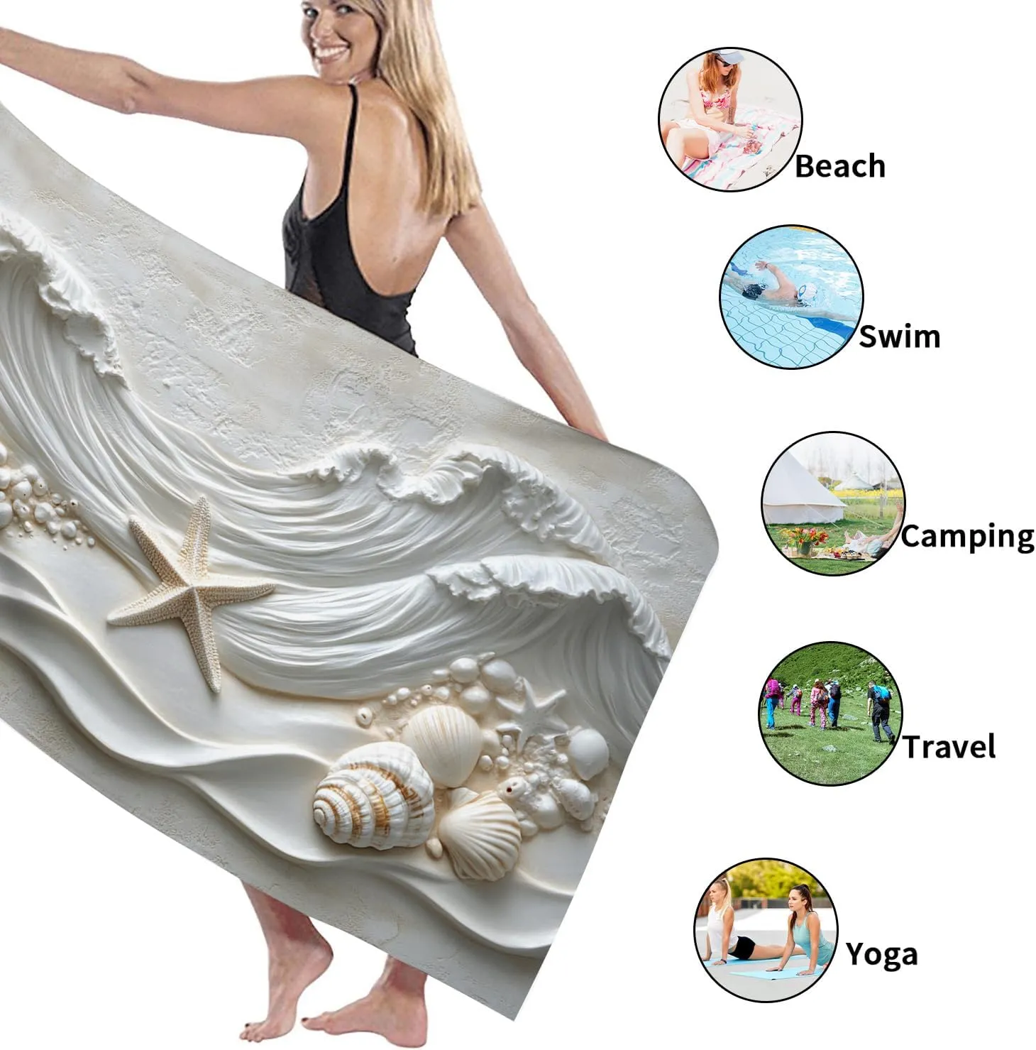 Ocean Wave Seashell Microfiber Beach Towel White Coastal Design Quick Dry Absorbent Sand Free Lightweight Travel Blanket, Pool Picnic Essentials 62x31 Inch