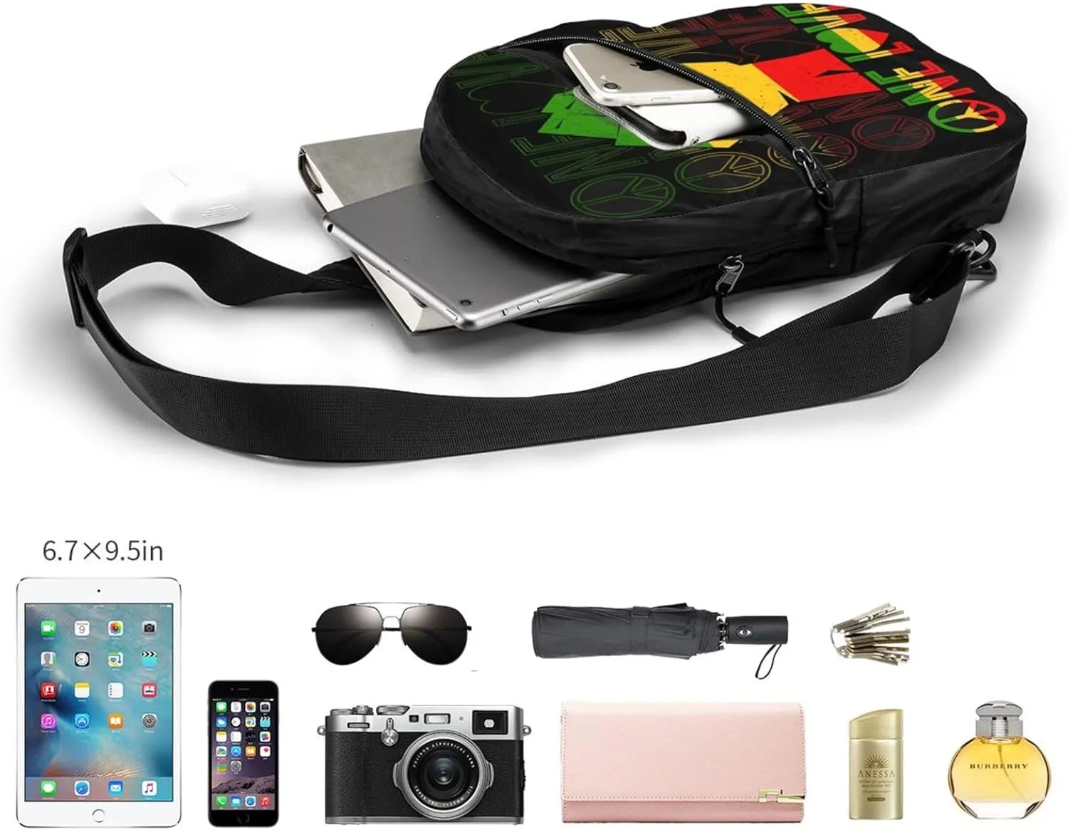 One Loves Peace Rastafari Jamaica Portable Sling Bags Packable Crossbody Bag Foldable Sport Daypack Reusable Shoulder Backpack Diagonally Chest Bag for Workout Travel