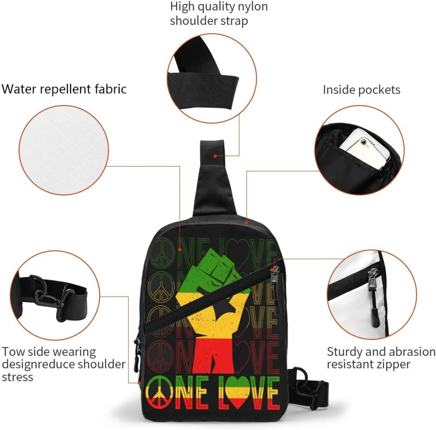 One Loves Peace Rastafari Jamaica Portable Sling Bags Packable Crossbody Bag Foldable Sport Daypack Reusable Shoulder Backpack Diagonally Chest Bag for Workout Travel