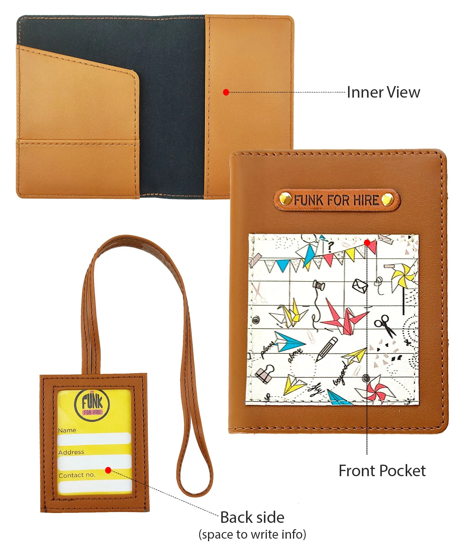 Origami printed Leatherette Passport Case with Luggage Tag