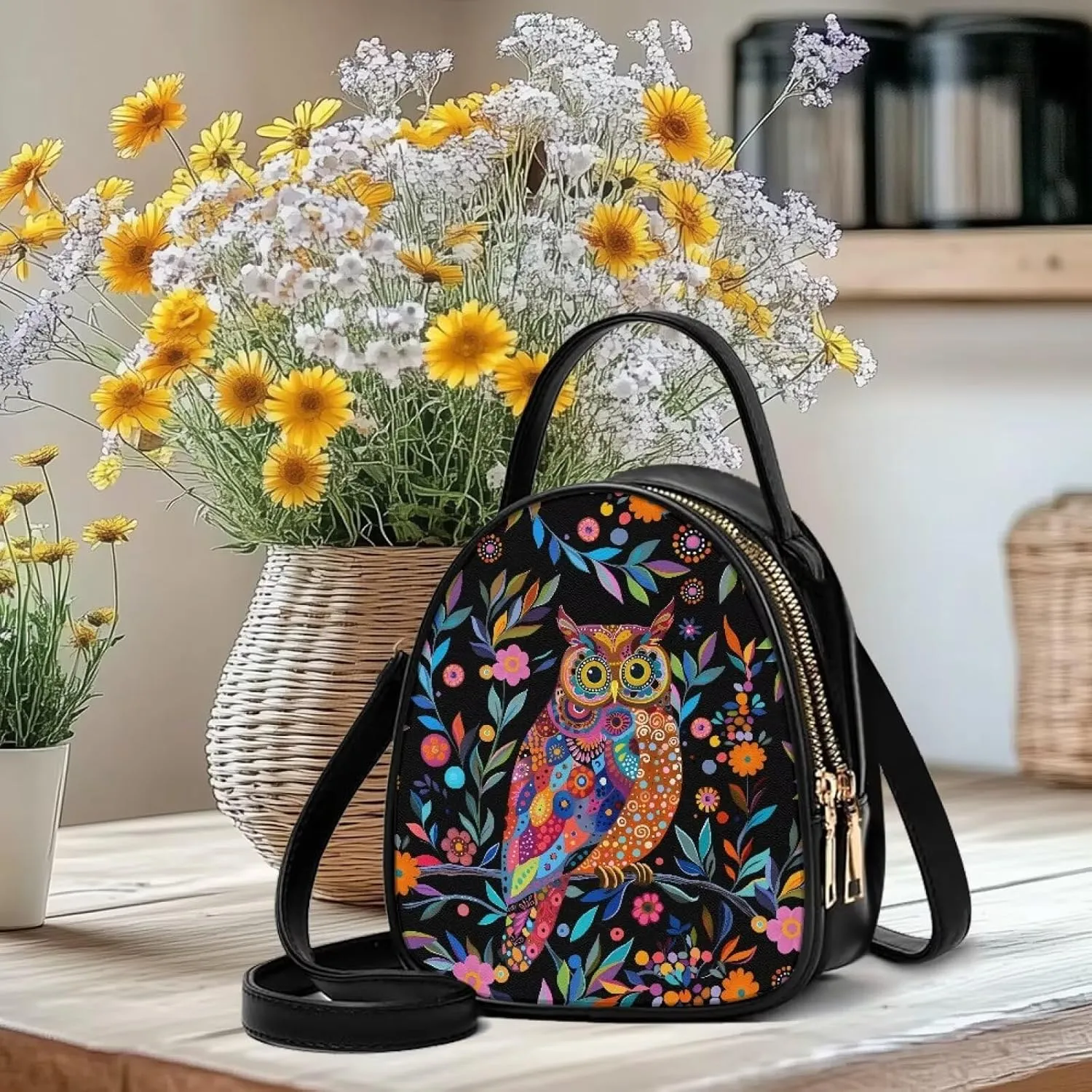 Owls Shoulder Bag Purse for Women PU Leather Crossbody Cell Phone Holder, Small Sling Bag Travel Handbag Zipper