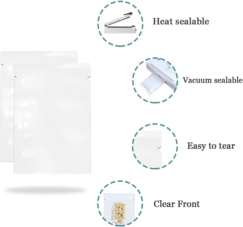 PABCK 1000 Pack 2.4x3.5 inch (Usable Size 2x3.1 inch) White Front Clear Open Top 2.8mil Plastic Vacuum Pouch Heat Sealable Bags for Food Storage Packets Mini Sample with Tear Notches