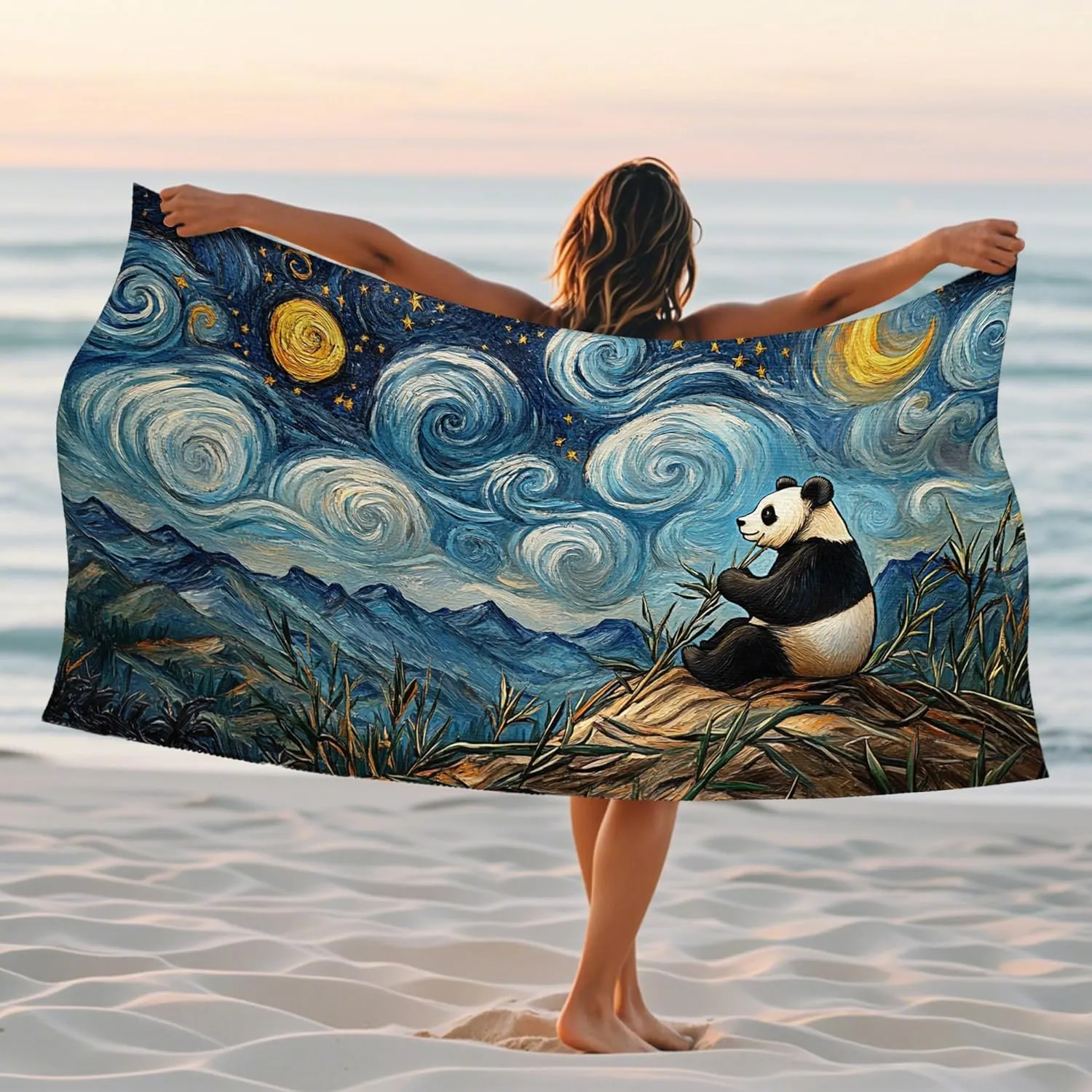 Panda Starry Night Microfiber Beach Towel Soft Absorbent Quick Dry Sand Free Oversize Beach Blanket, Ideal for Vacation Outdoor Travel Pool Gym Picnic Essentials 70x35 Inch