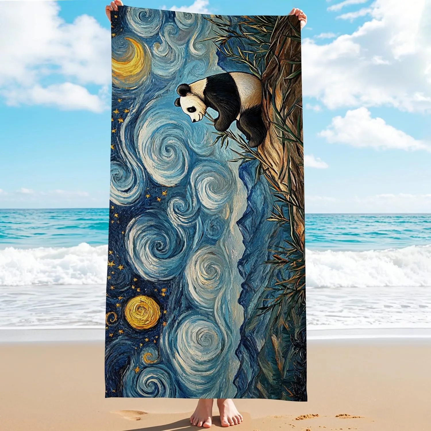 Panda Starry Night Microfiber Beach Towel Soft Absorbent Quick Dry Sand Free Oversize Beach Blanket, Ideal for Vacation Outdoor Travel Pool Gym Picnic Essentials 70x35 Inch