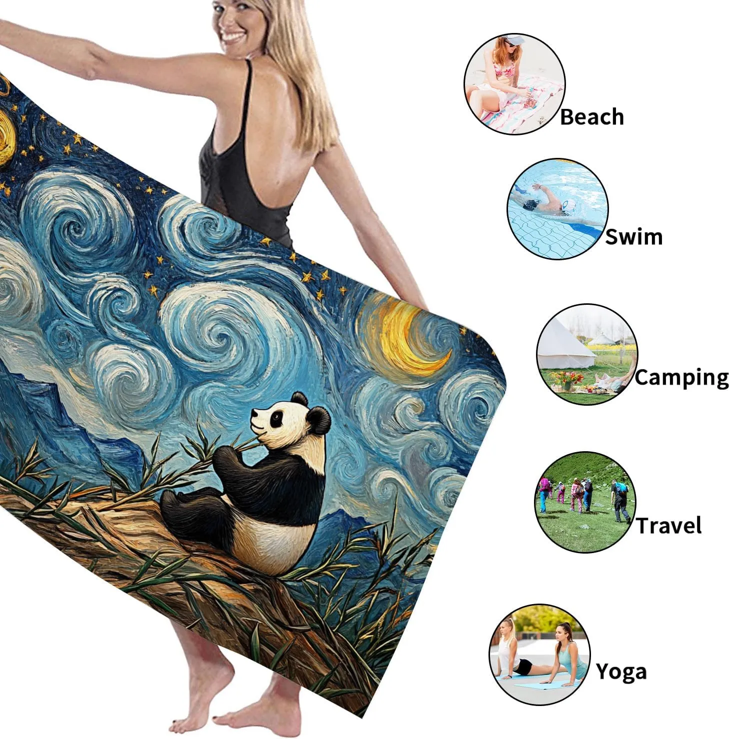 Panda Starry Night Microfiber Beach Towel Soft Absorbent Quick Dry Sand Free Oversize Beach Blanket, Ideal for Vacation Outdoor Travel Pool Gym Picnic Essentials 70x35 Inch
