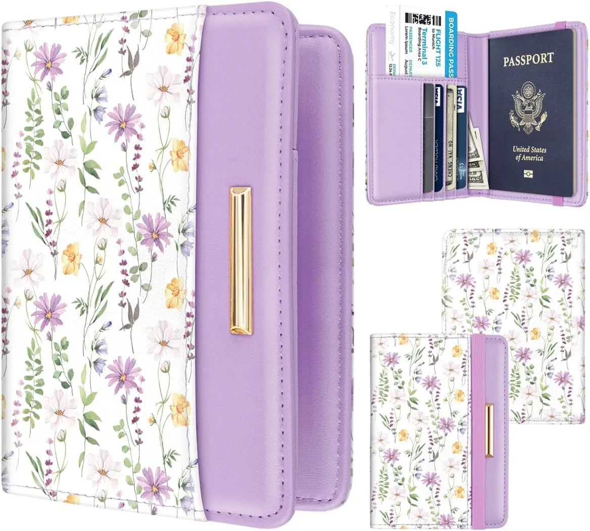 Passport Holder Cover Travel RFID Blocking Passport Cover Rose Gold Cute Flowers Passport Wallet with Elastic Band for Women