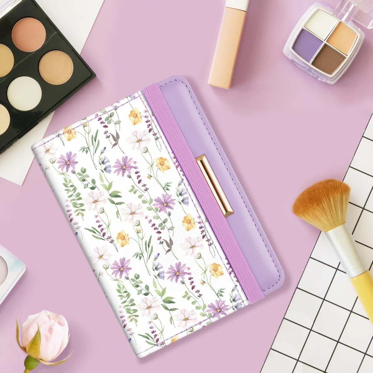 Passport Holder Cover Travel RFID Blocking Passport Cover Rose Gold Cute Flowers Passport Wallet with Elastic Band for Women
