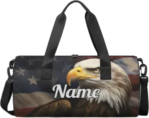 Personalized Sport Gym Bag Dance Duffle Ballet Bag Overnight Travel Sleepover Bags Swimming Hiking Camping, Bald Eagles American Flag