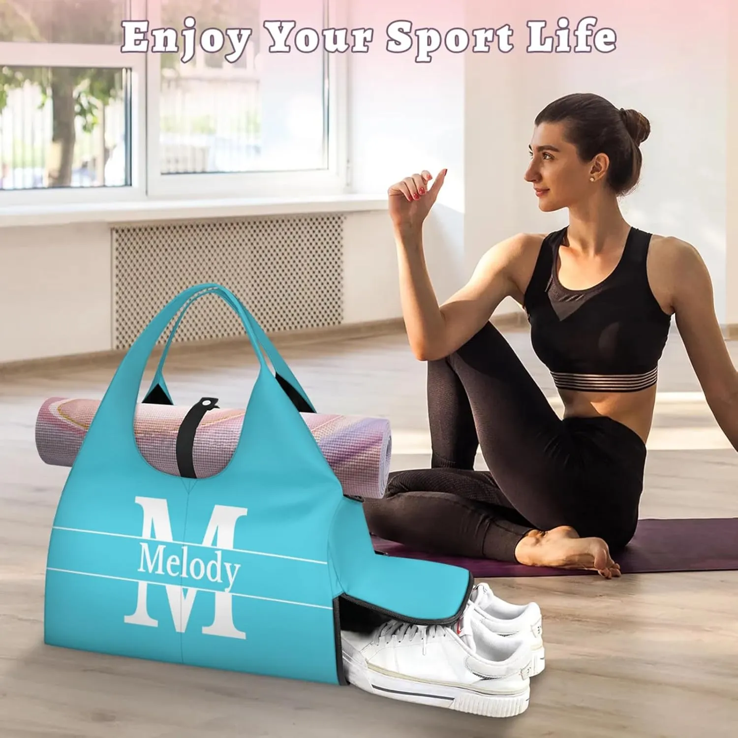 Personalized Yoga Mat Bag with Name Shoe Compartment, Solid Color Initial Letter Travel Tote Sport Gym Duffel Bag