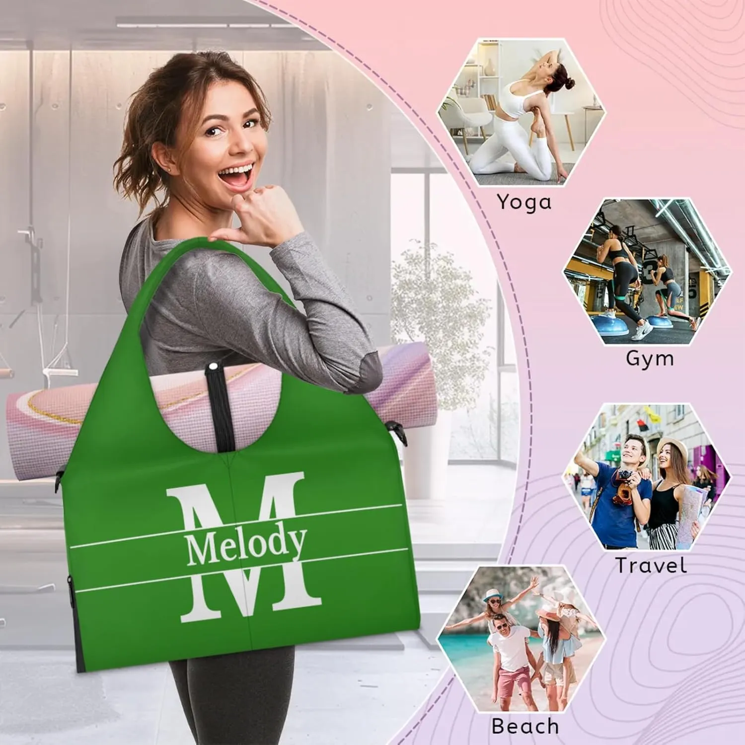 Personalized Yoga Mat Bag with Name Shoe Compartment, Solid Color Initial Letter Travel Tote Sport Gym Duffel Bag