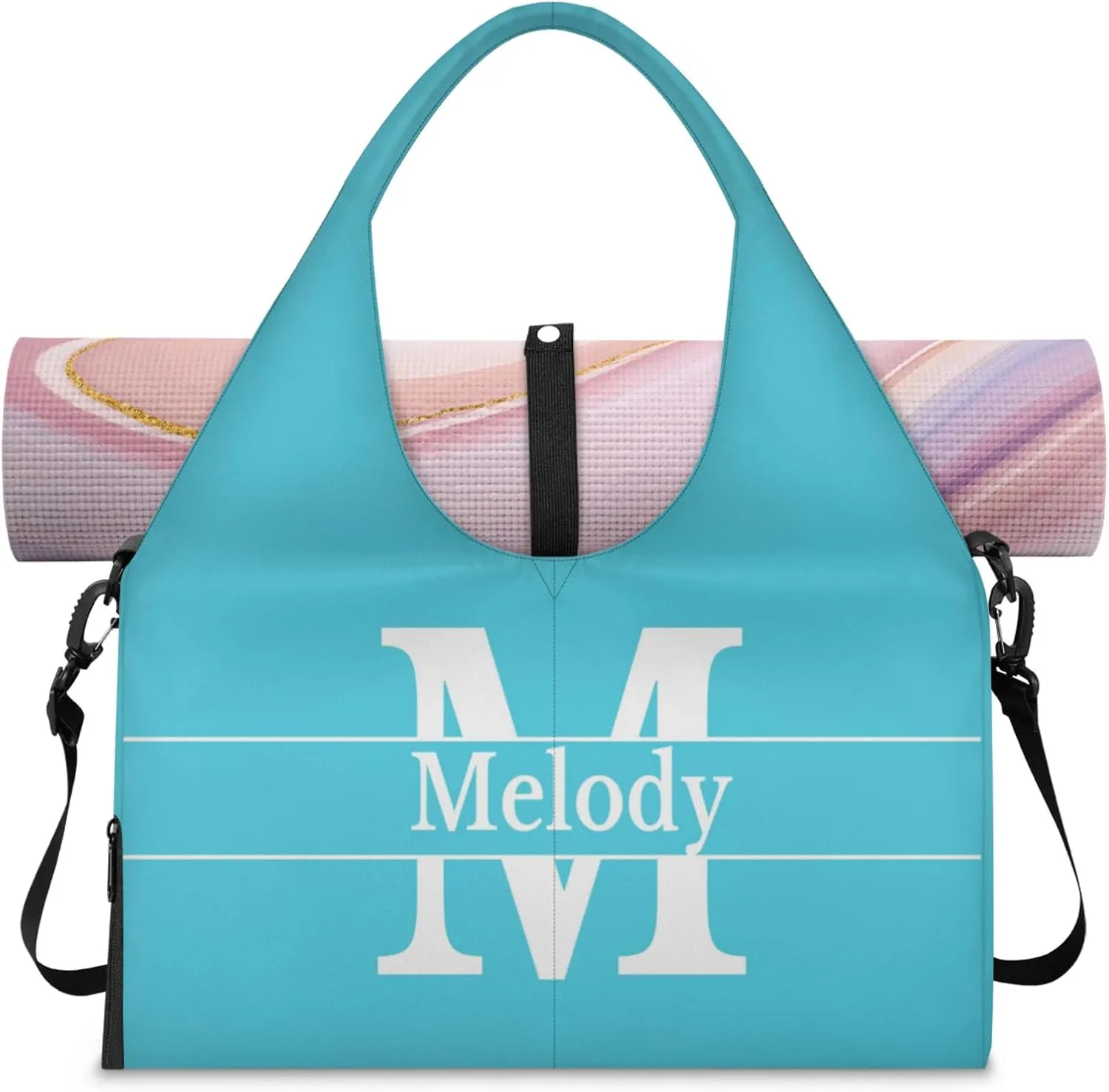 Personalized Yoga Mat Bag with Name Shoe Compartment, Solid Color Initial Letter Travel Tote Sport Gym Duffel Bag
