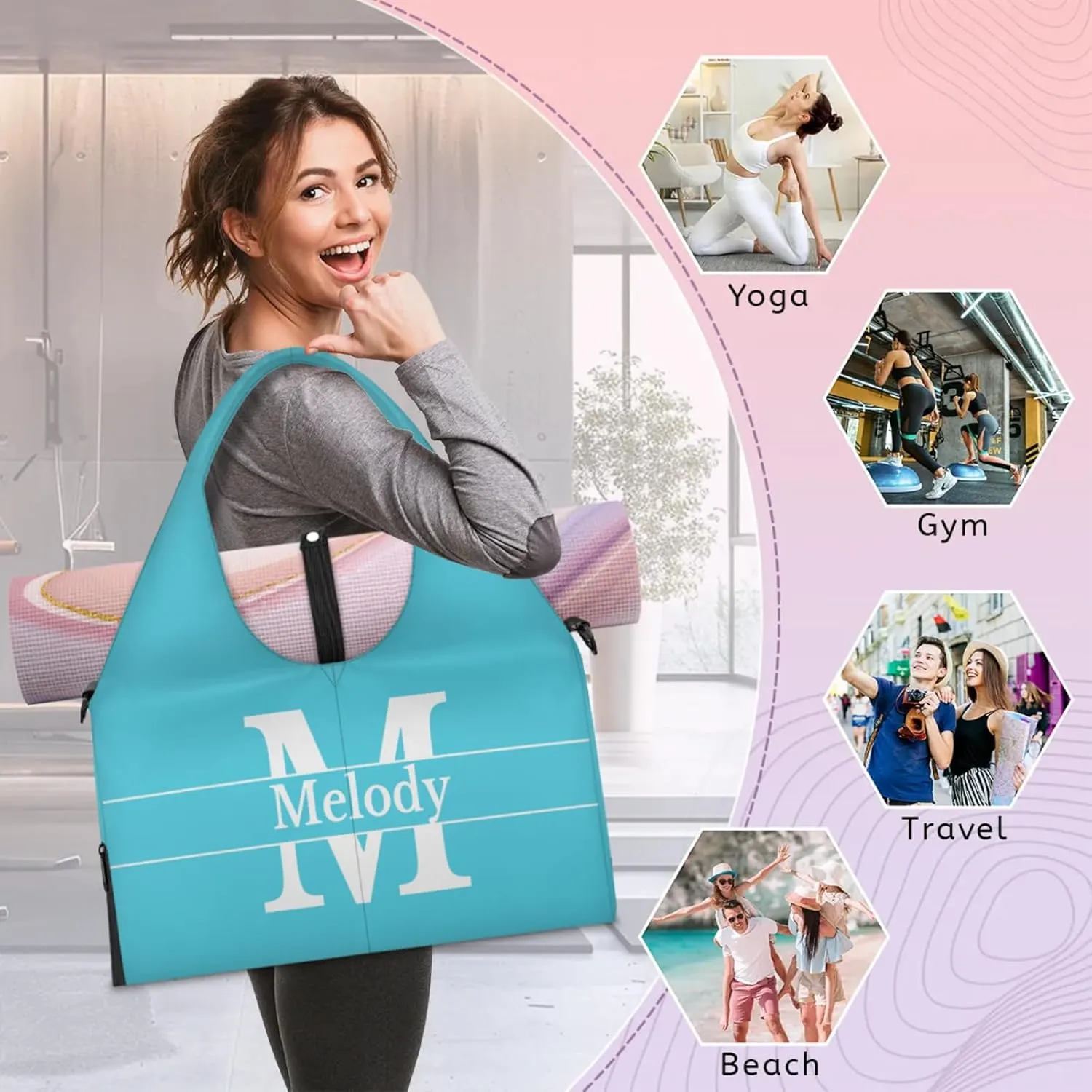 Personalized Yoga Mat Bag with Name Shoe Compartment, Solid Color Initial Letter Travel Tote Sport Gym Duffel Bag