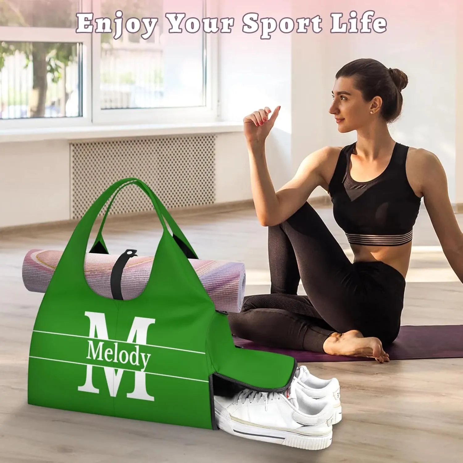 Personalized Yoga Mat Bag with Name Shoe Compartment, Solid Color Initial Letter Travel Tote Sport Gym Duffel Bag