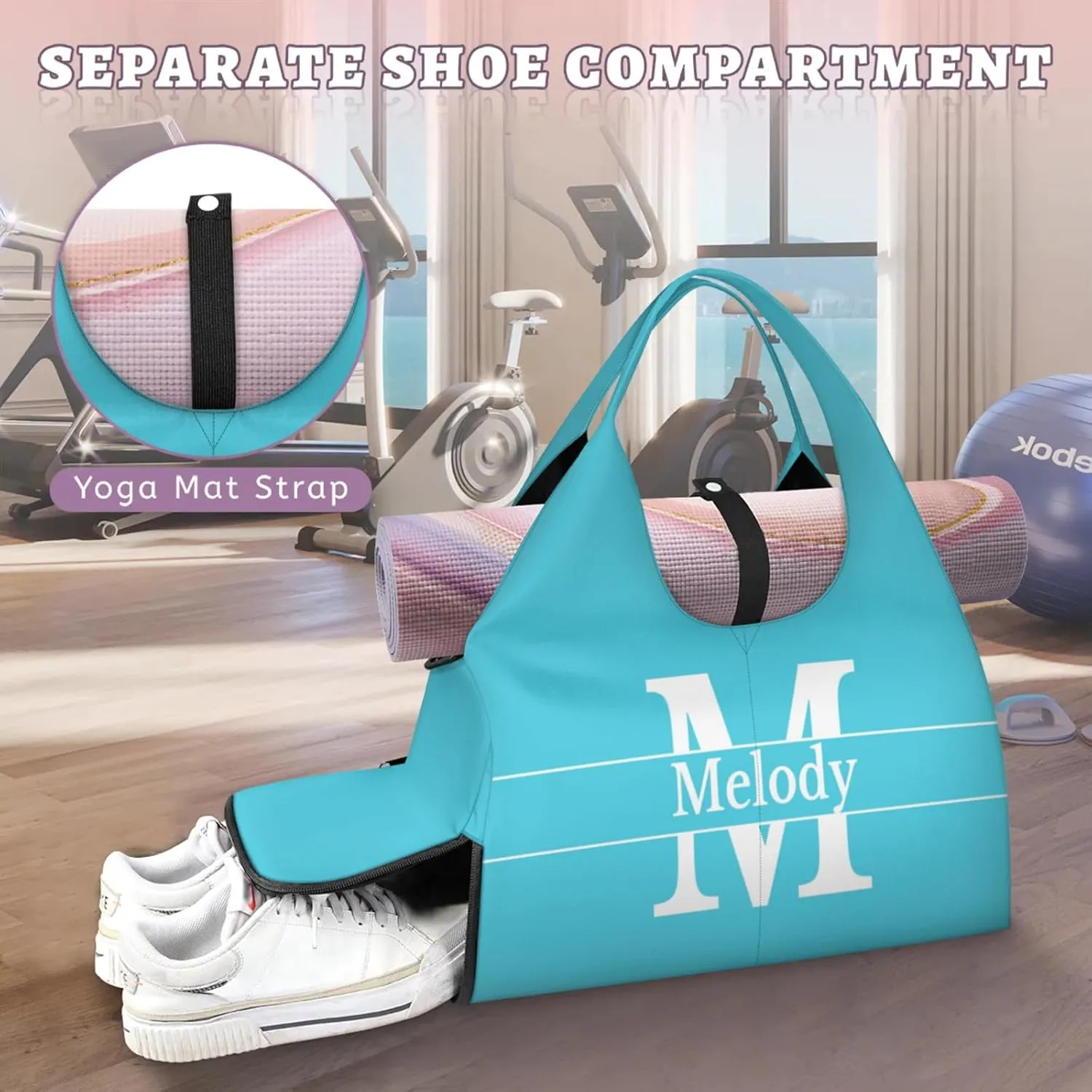 Personalized Yoga Mat Bag with Name Shoe Compartment, Solid Color Initial Letter Travel Tote Sport Gym Duffel Bag