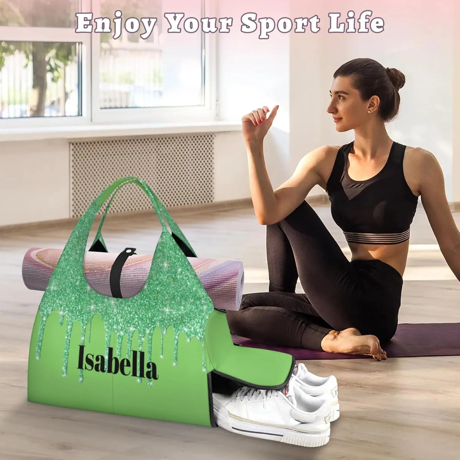 Personalized Yoga Mat Bag with Name Shoe Compartment, Water Fluid Glittering Travel Tote Sport Gym Duffel Bag