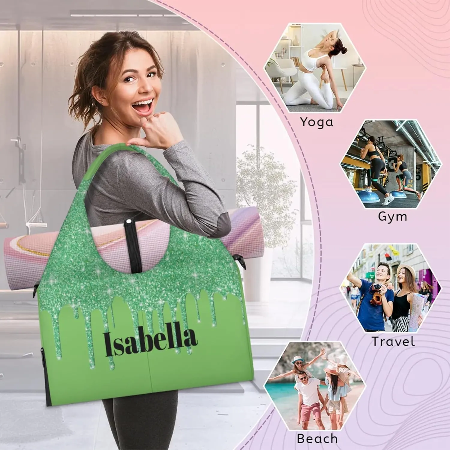 Personalized Yoga Mat Bag with Name Shoe Compartment, Water Fluid Glittering Travel Tote Sport Gym Duffel Bag