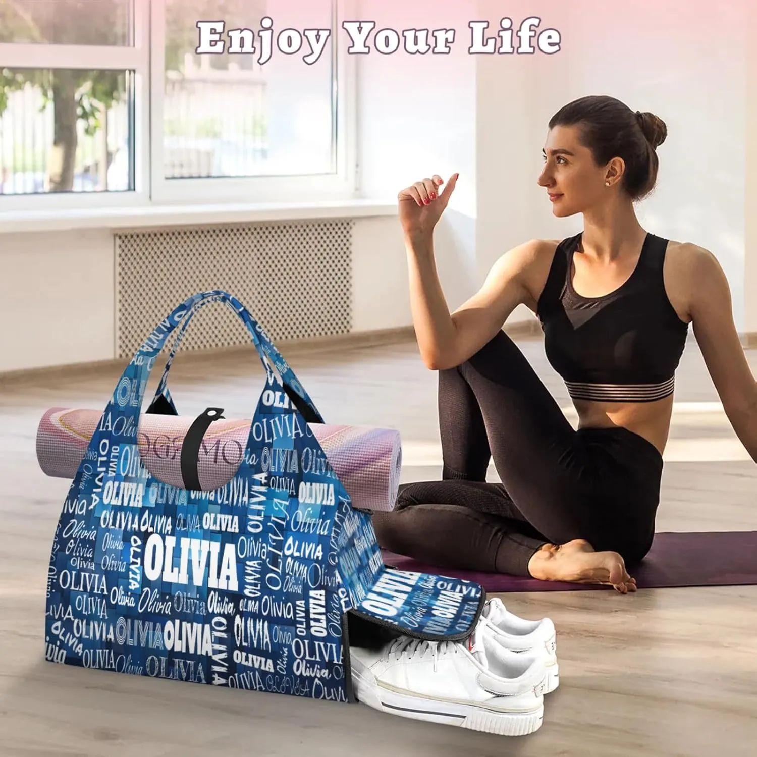 Personalized Yoga Mat Bag with Shoe Compartment, Custom Names Travel Tote Sport Gym Pilates Duffel Bag for Women