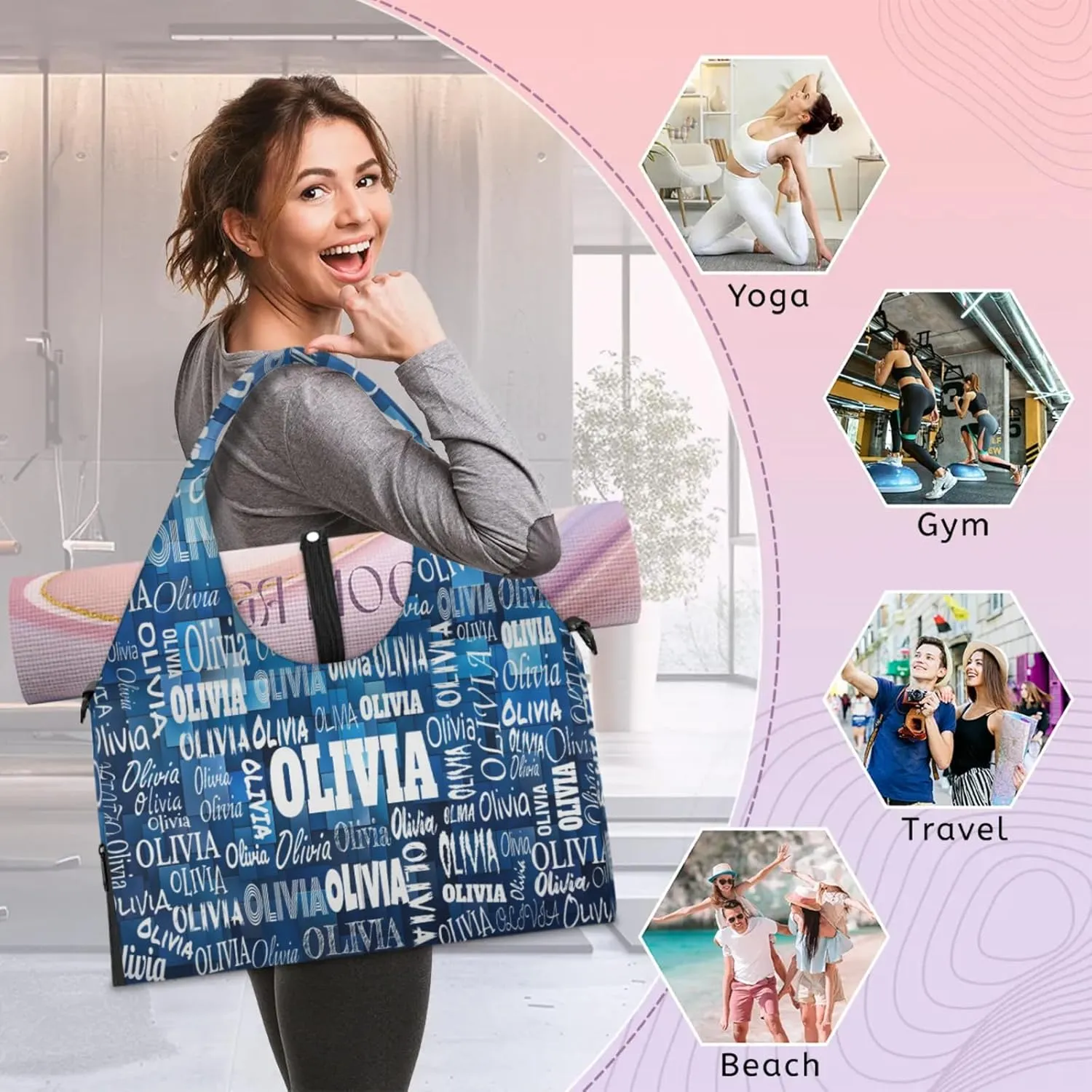 Personalized Yoga Mat Bag with Shoe Compartment, Custom Names Travel Tote Sport Gym Pilates Duffel Bag for Women
