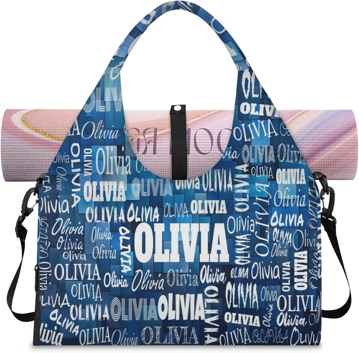 Personalized Yoga Mat Bag with Shoe Compartment, Custom Names Travel Tote Sport Gym Pilates Duffel Bag for Women