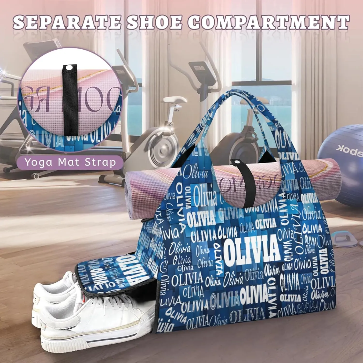 Personalized Yoga Mat Bag with Shoe Compartment, Custom Names Travel Tote Sport Gym Pilates Duffel Bag for Women