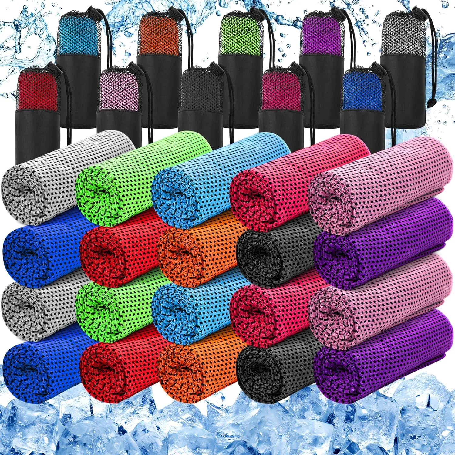 Peryiter 20 Pack Cooling Towels Bulk for Neck and Face Cooling Towel for Hot Weather Quick Dry Sweat Towel Soft Breath Portable with 20 Storage Bags for Gym Yoga Athletes Sports Fitness