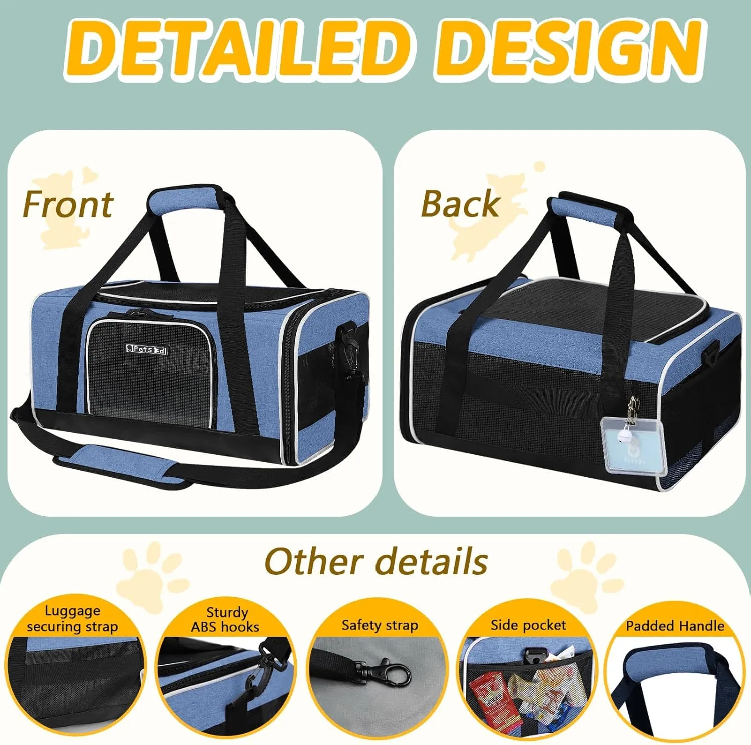 Petskd Pet Carrier 17x12x8.5 JetBlue Allegiant Airline Approved,Pet Travel Carrier Bag for Small Cats and Dogs, Soft Dog Carrier for 1-8 LBS Pets,Dog Cat Carrier with Safety Lock Zipper(Blue)