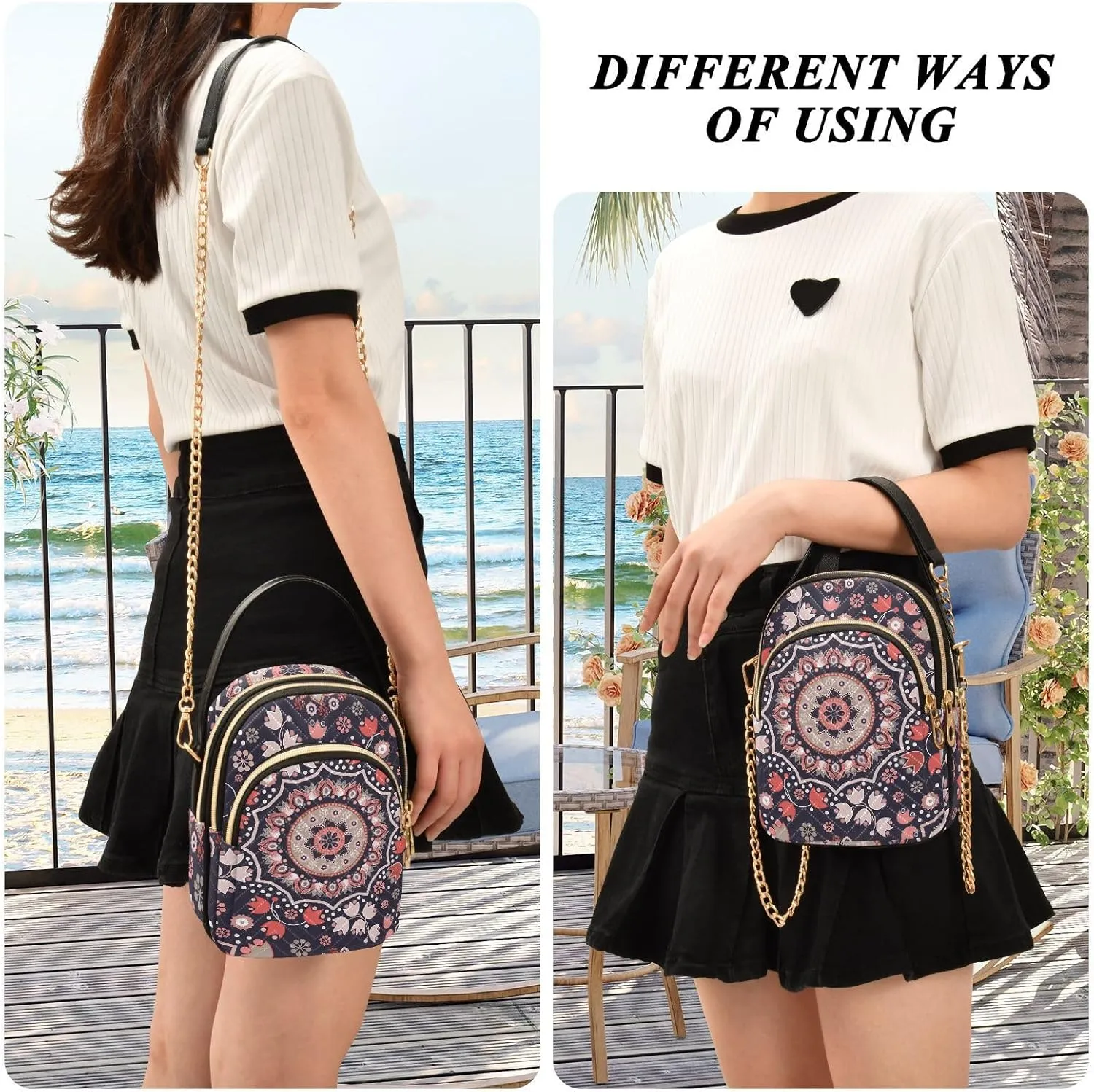 Phone Purse Women Small Cell Wallet Crossbody Bags Women's Mini Shoulder Bag Black Paisley Petals