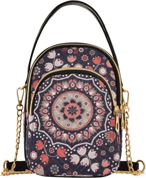 Phone Purse Women Small Cell Wallet Crossbody Bags Women's Mini Shoulder Bag Black Paisley Petals
