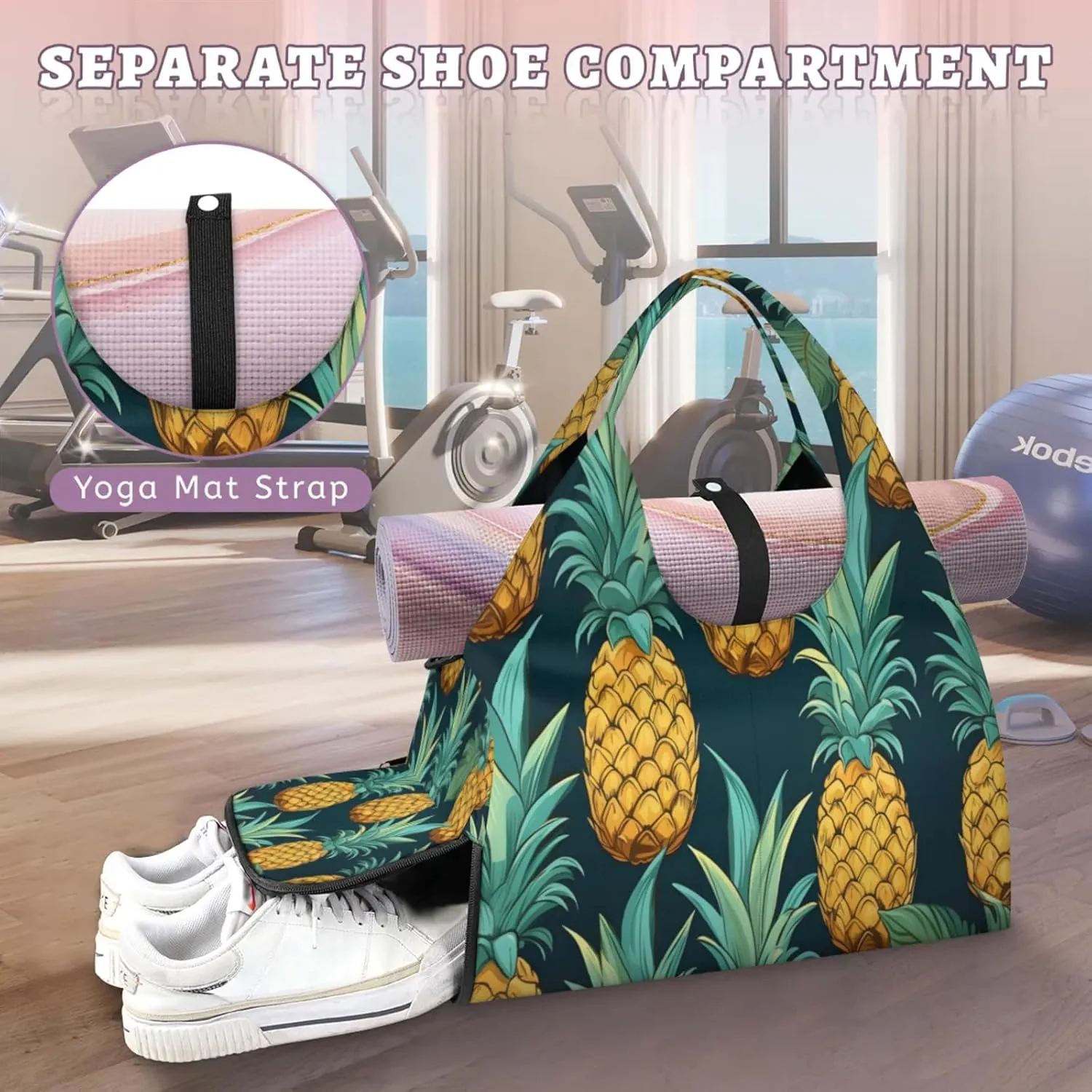 Pineapple Tropical Waterproof Gym Bag for Men Women, Sports Duffel Bag with Shoe Compartment Yoga Mat Holder, Portable Large Travel Bag for Fitness, Camping, Weekend Trips